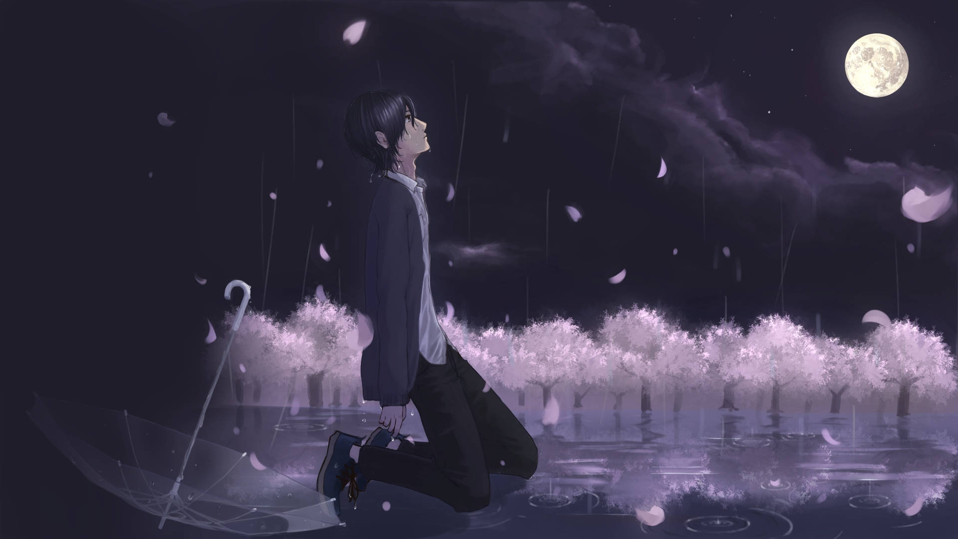 月下憂傷動漫男孩 壁紙 — 一個孤獨的動畫男孩在滿月下跪在雨中，周圍是發光的櫻花。