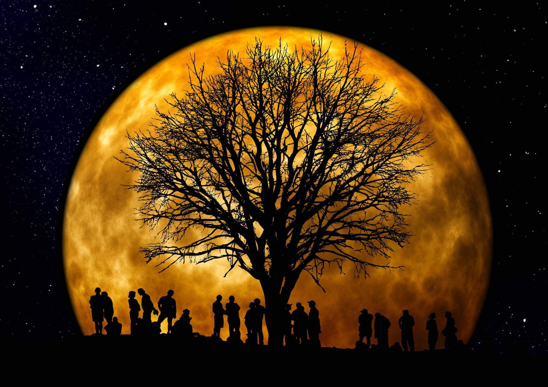 月下聚會夜空 壁紙 — 剪影人物聚集在一棵光禿禿的樹周圍，背景是巨大發光的橙色月亮，在繁星點點的夜空下。