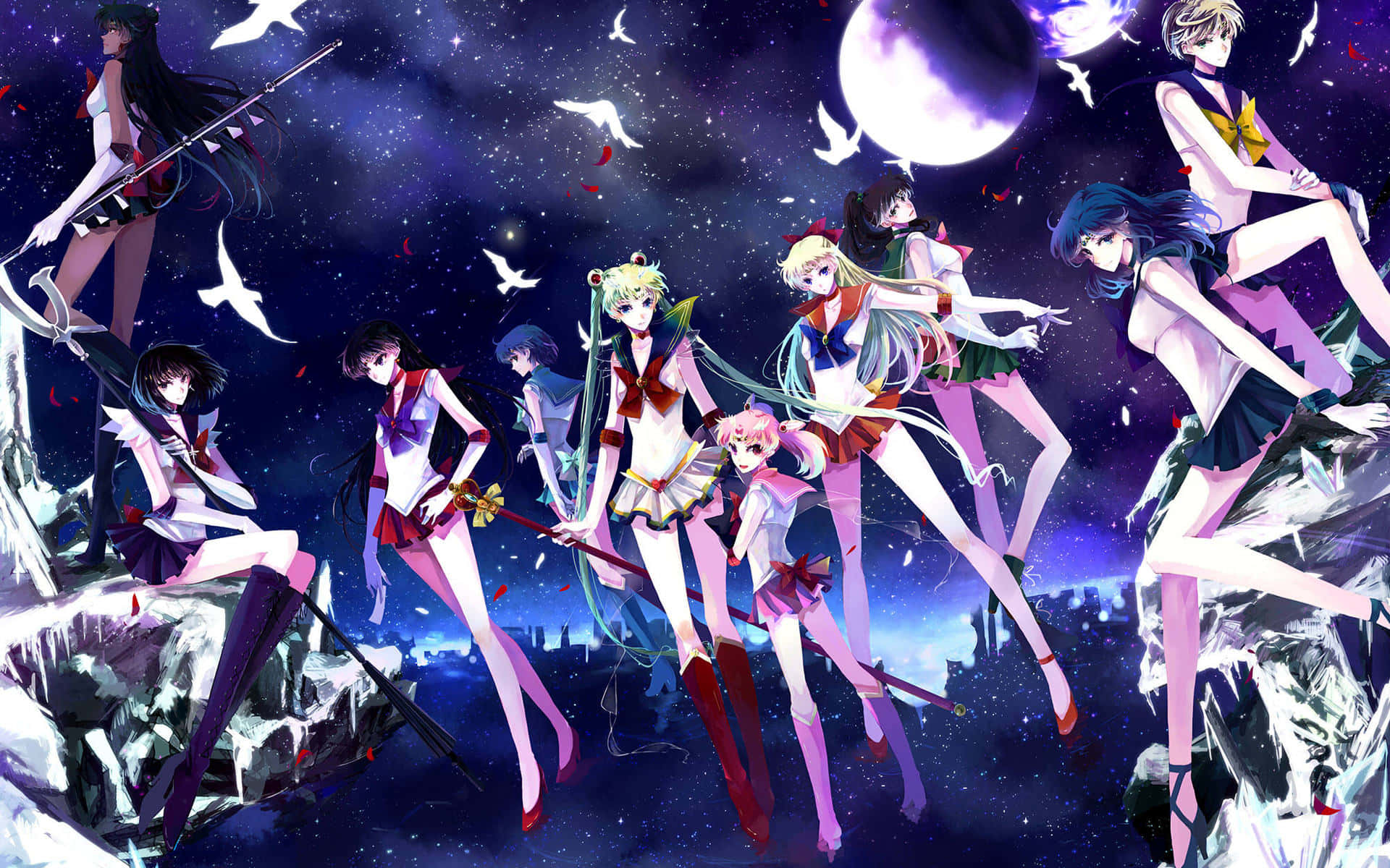 穿著水手服嘅動畫角色喺發光月亮下喺星星同雀仔之間漂浮。
