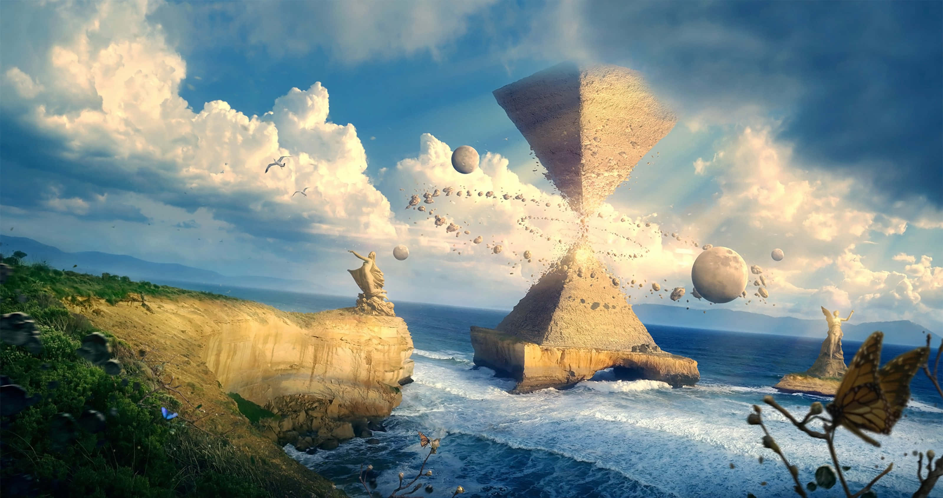 月之金字塔奇幻美學 壁紙 — 一個超現實的海岸場景，一個巨大的沙漏漂浮在洶湧的海浪和懸崖之上，天空佈滿戲劇性的雲層。