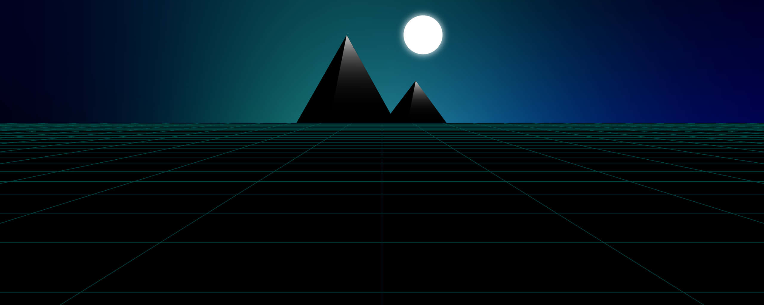月之金字塔風景 壁紙 — 在深藍綠色夜空下，發光月亮下帶有尖銳金字塔剪影的復古未來風格網格景觀。