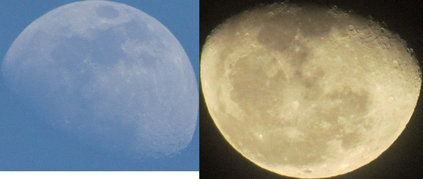 Perigee 桌布 壁紙 — 月亮一半照亮在藍天和完全照亮在黑色天空的分割視圖。