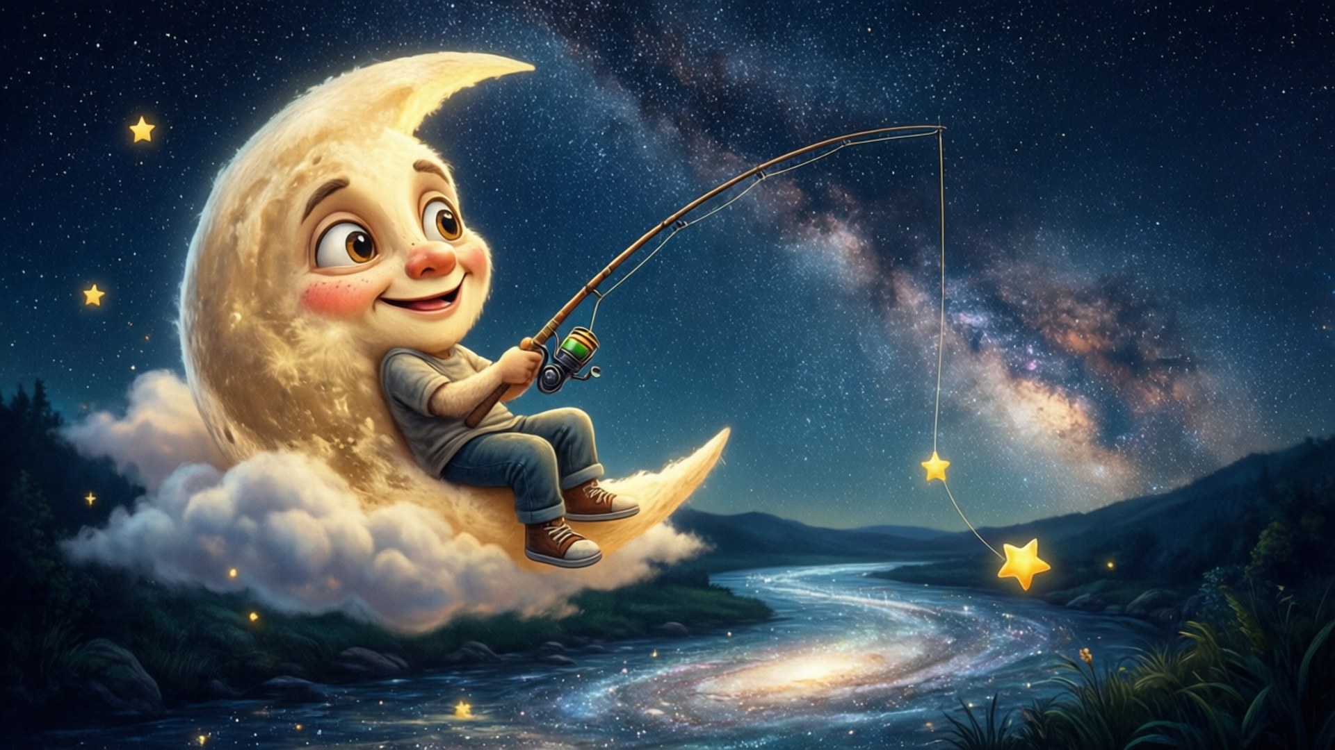 卡通月亮小孩喺夜晚喺發光嘅河上面釣星星。