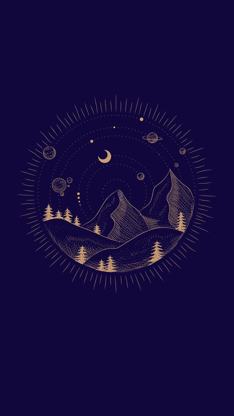 金色線條畫，描繪山脈、松樹和星星，背景為深藍色