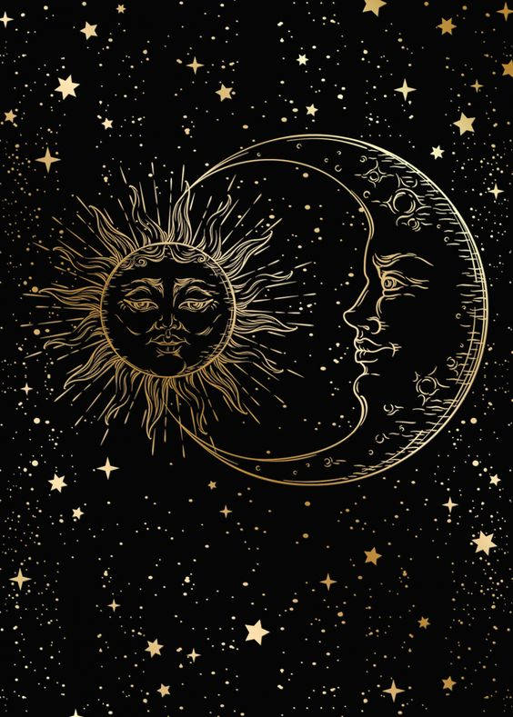 天體太陽和月亮帶有面孔，在繁星點點的夜空背景下，以金色線條藝術呈現。