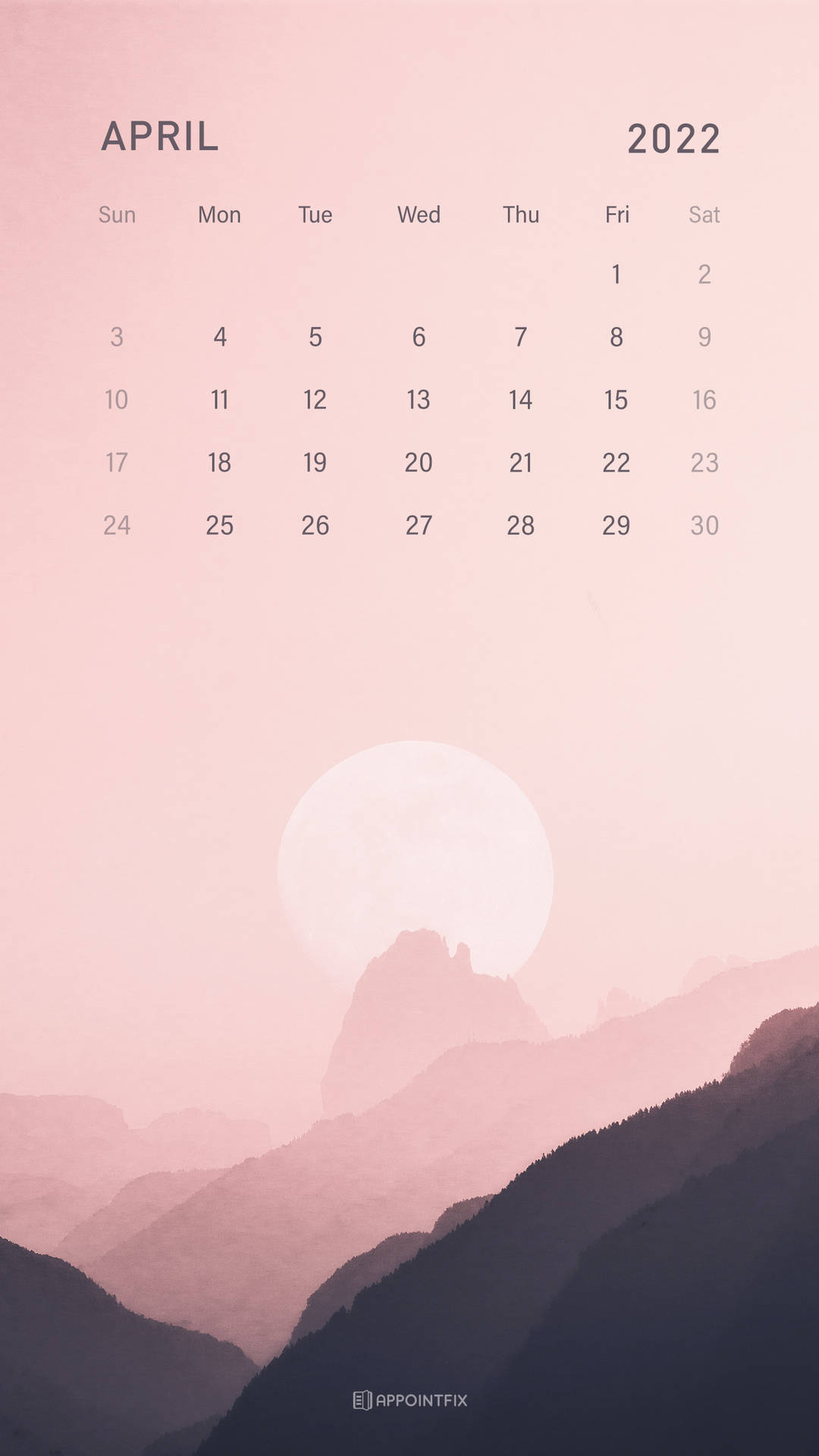 2022年4月日曆，背景為粉紅色山脈和蒼白月亮。