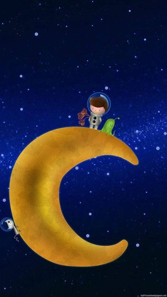 月亮與星星太空手機壁紙 壁紙 — 一個小孩太空人和綠色外星人坐在發光的彎月上，背景是滿天星斗的夜空。