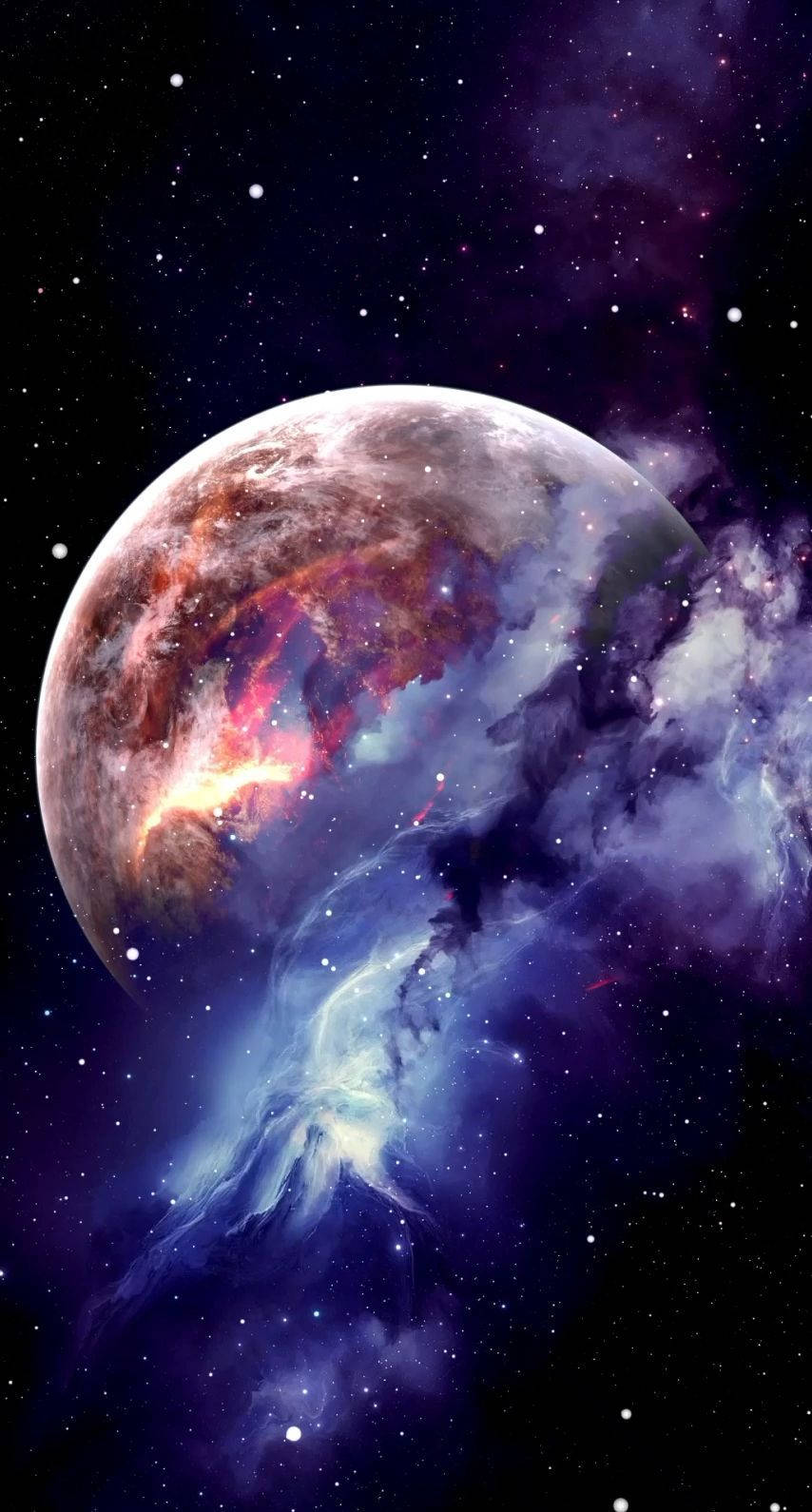 一顆發光的行星，表面熾熱，在深空中被色彩繽紛的星雲環繞。