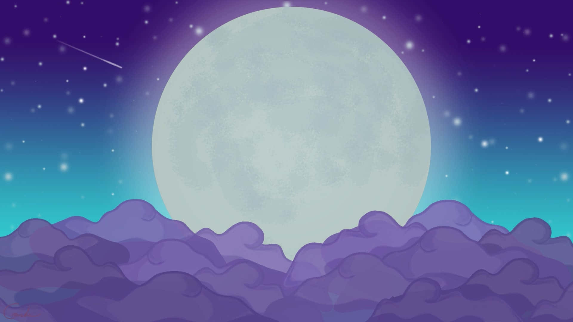 紫色雲層後的大月亮，在繁星點點的夜空中有流星。