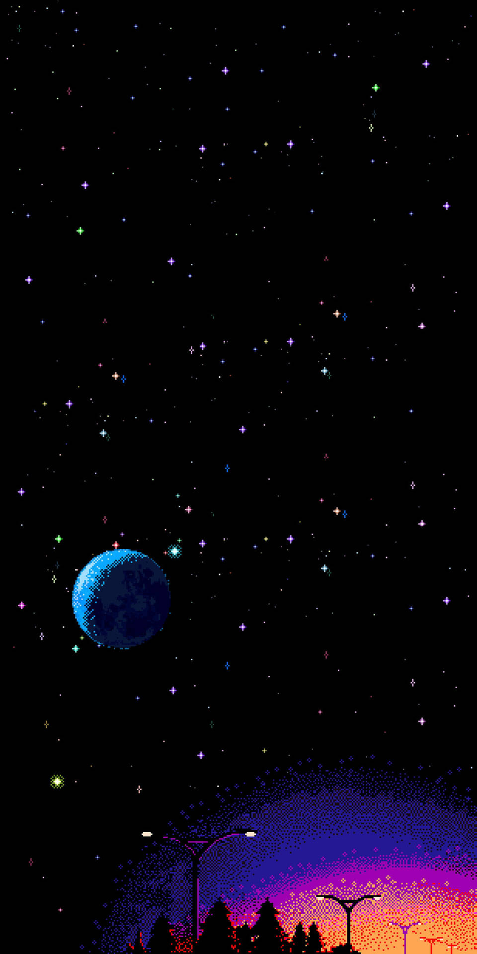 像素化夜空，星星和藍色行星，位於色彩繽紛的地平線之上，有街燈和樹木。