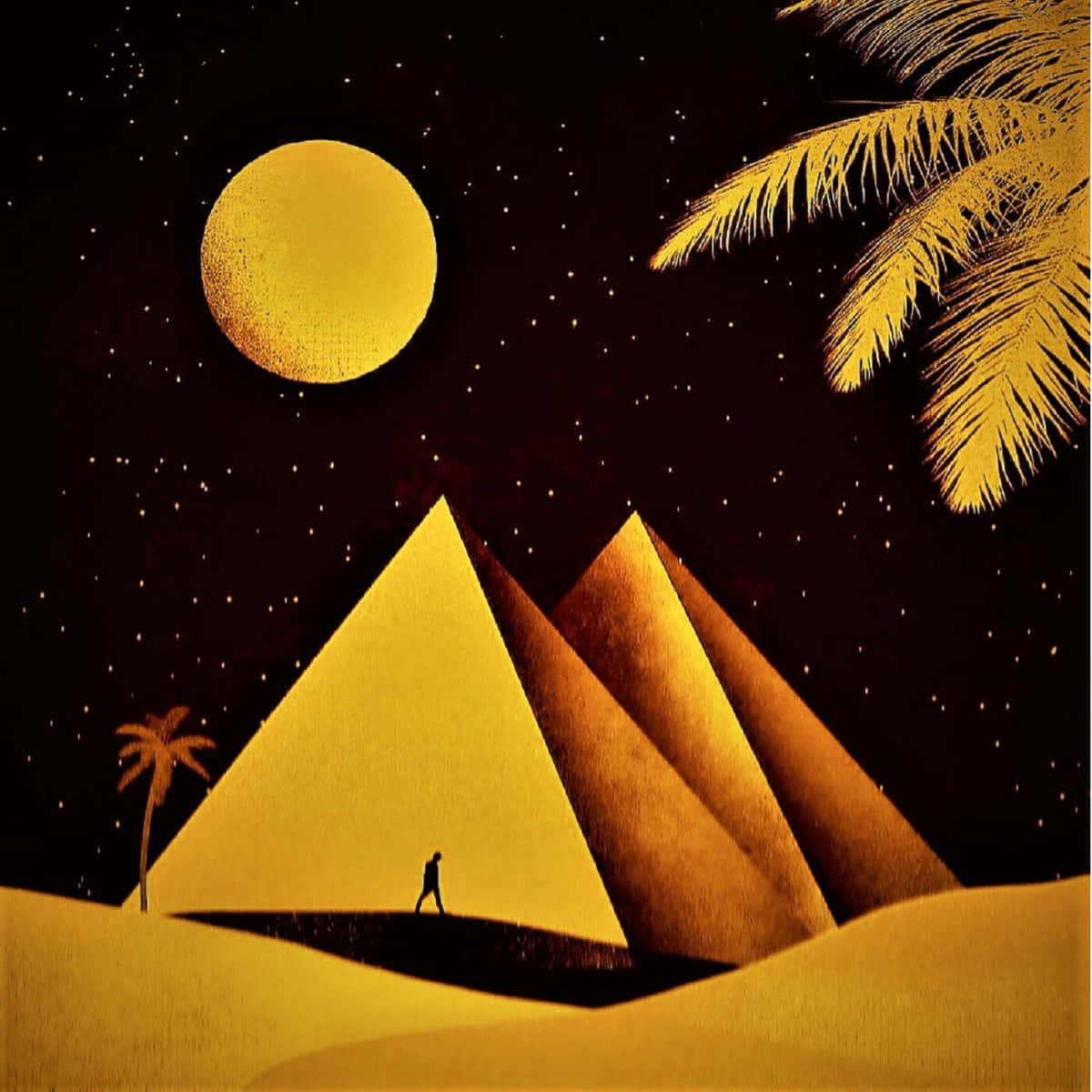 月亮金字塔沙漠 壁紙 — 一個孤獨的身影在星空下，走過巨大的金色月亮旁邊，旁邊是發光的金字塔和棕櫚樹。