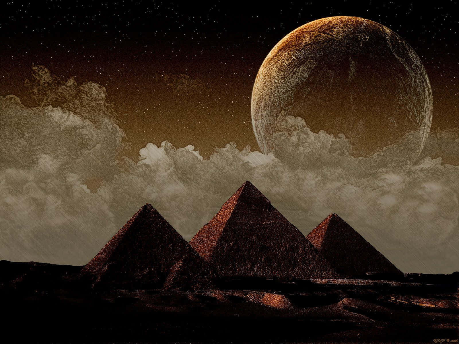 月亮金字塔美學奇幻 壁紙 — 三座古老金字塔矗立在一個巨大的發光行星之下，周圍是星空和 swirling 雲層。