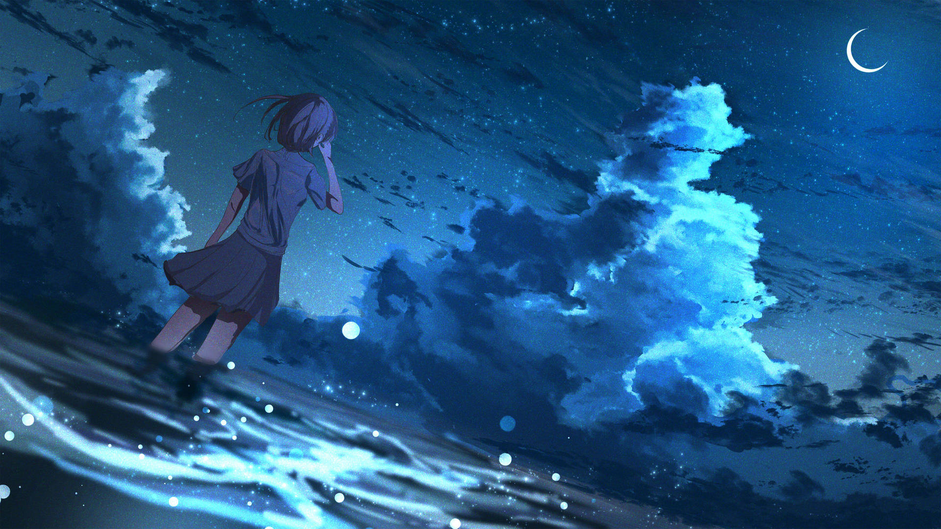 動漫女孩站在新月星空下發光的波浪上。