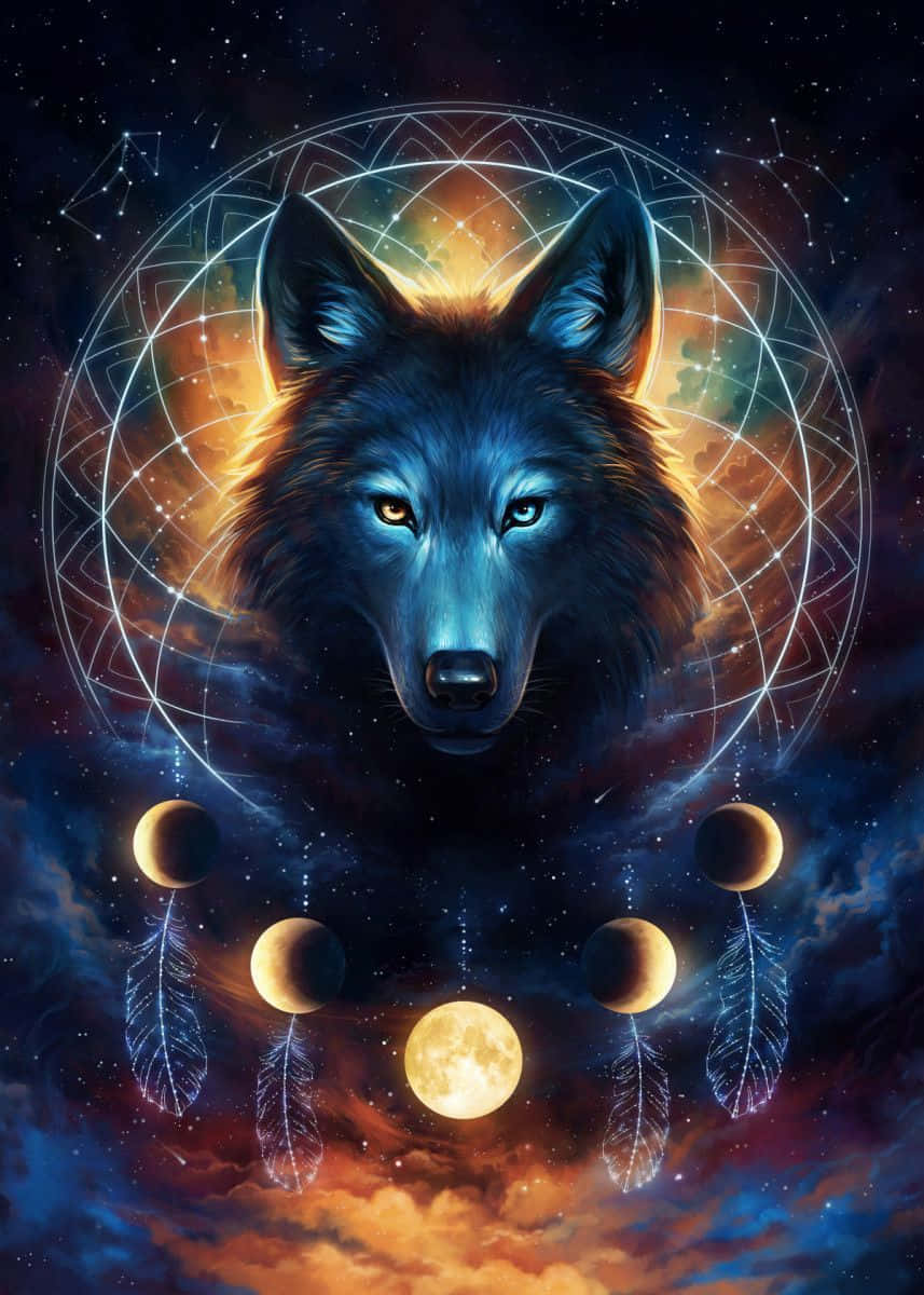 一隻藍色狼在捕夢網中，帶有月亮和羽毛，背景是星空。