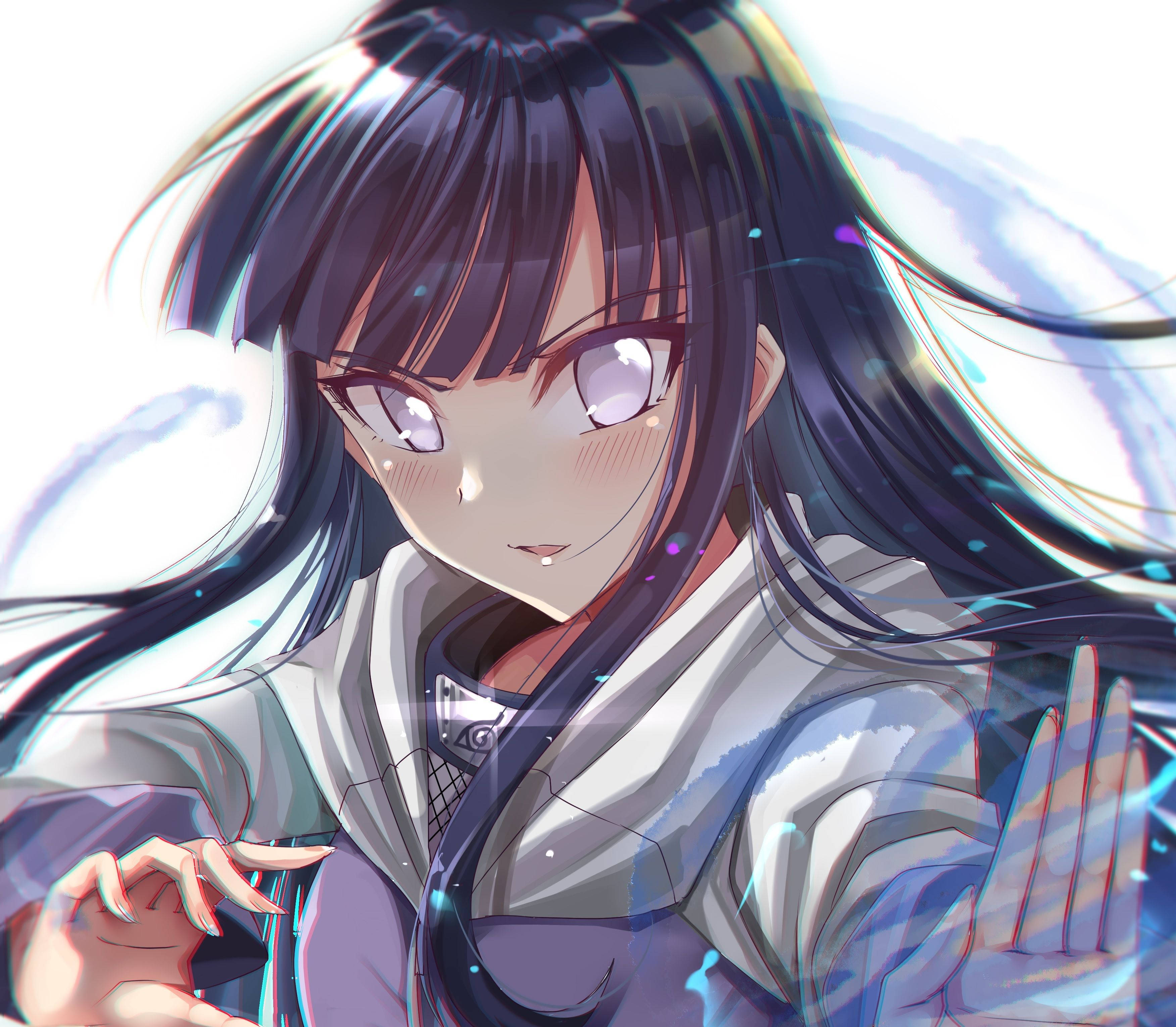 月光下展現實力的日向雛田 壁紙 — 擁有深色頭髮和發光眼睛的動漫女孩，在明亮空靈的場景中輕輕微笑，手持發光球體。