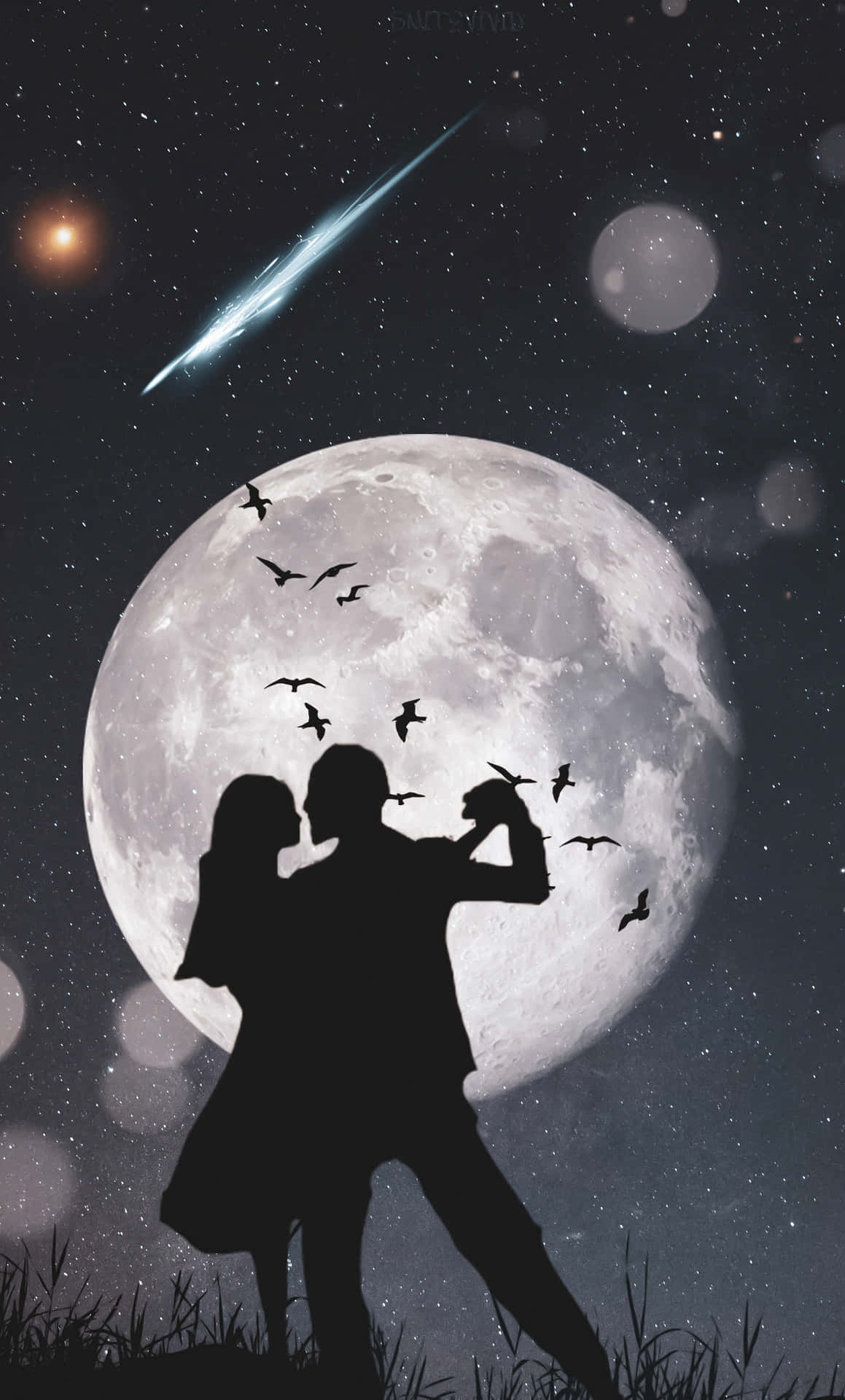 一對情侶剪影在滿月下接吻，夜空中有鳥兒和流星。