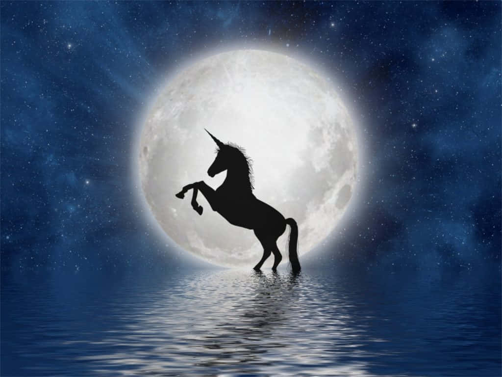 月光下水中的獨角獸剪影圖畫 壁紙 — 一匹雄偉的獨角獸剪影在月光照耀的水中騰躍，背景是巨大的發光月亮和滿天星斗的夜空。
