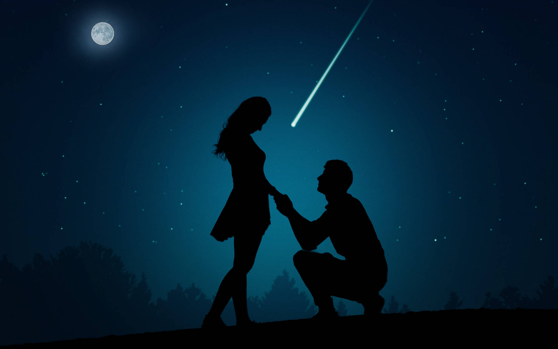 男人在月亮和流星下跪著向女人求婚