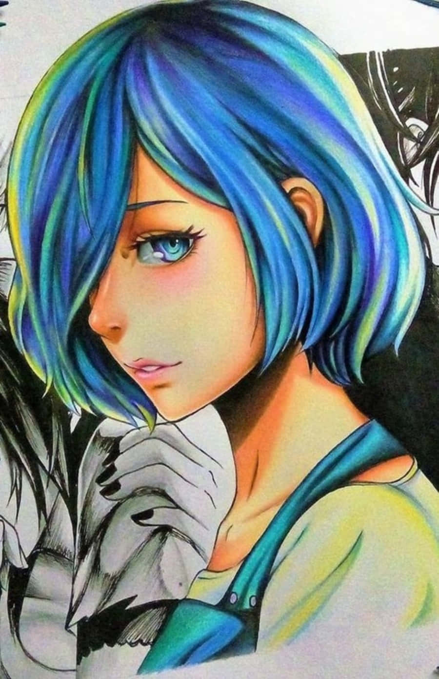 月光下滑行的動漫少女 壁紙 — 一個特寫動漫女孩，擁有充滿活力的藍色和綠色頭髮，抱著一隻白貓，若有所思地凝視著。