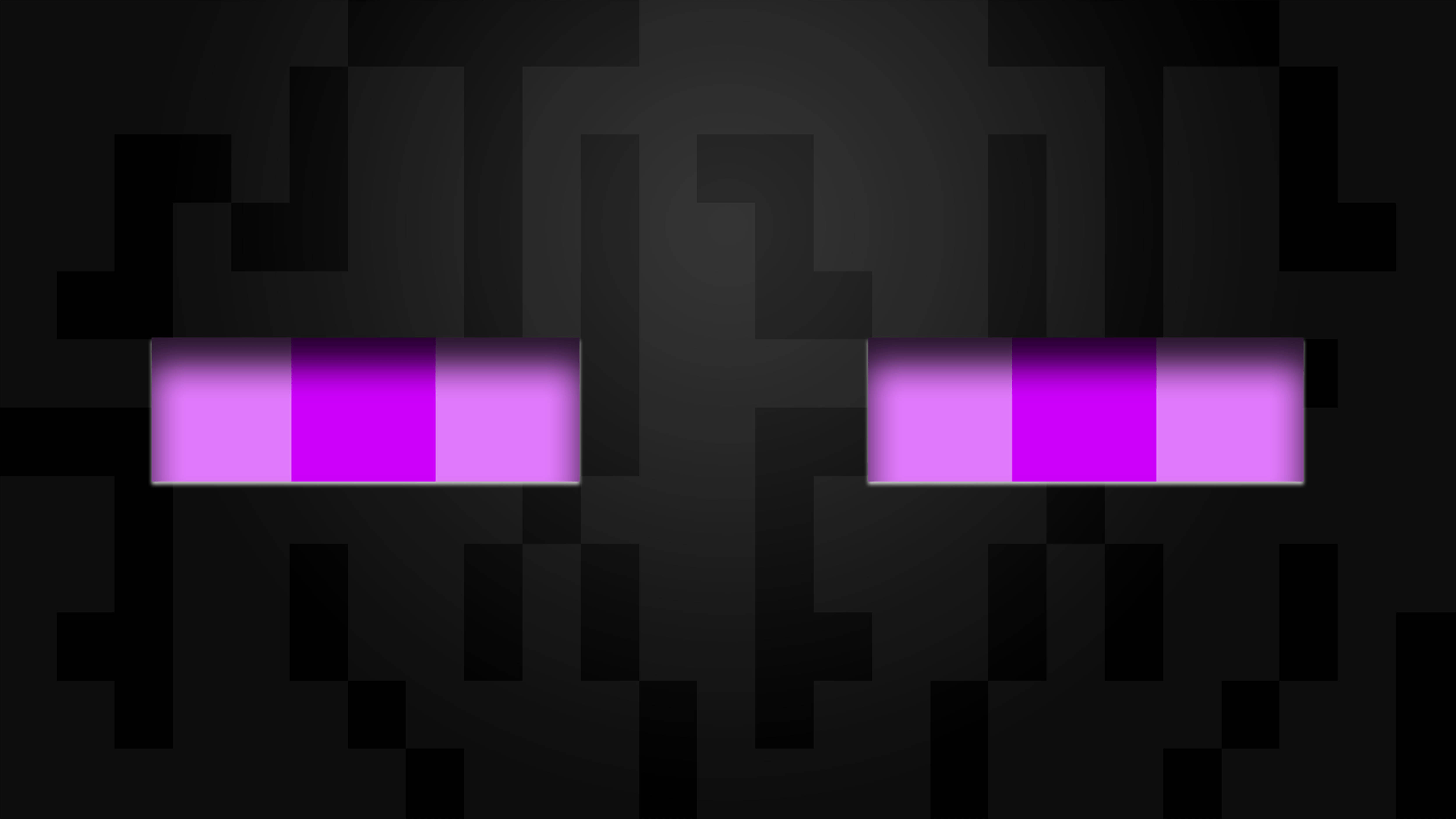 月光下潛伏的 Minecraft 埃德曼 壁紙 — 像素化發光的紫色眼睛從帶有幾何方塊圖案的黑暗抽象背景中凝視出來。
