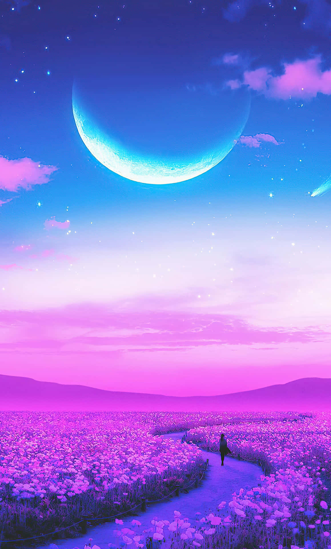 一個人在彎月與星星下穿過發光的紫色花朵。