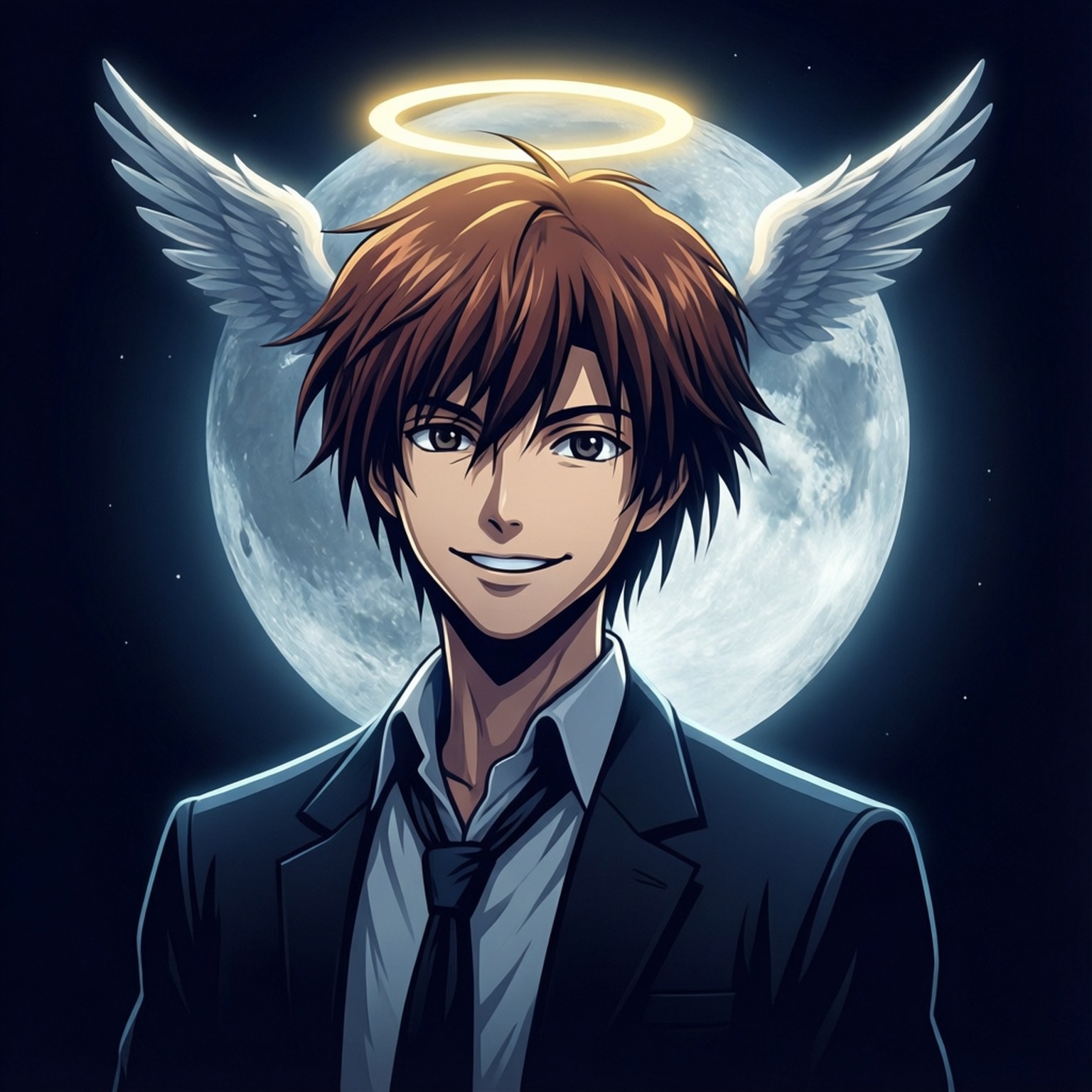 月光下的 Kaworu 壁紙 — 一位微笑的動漫天使，棕色頭髮，白色翅膀，站在星光環繞的發光月亮前。