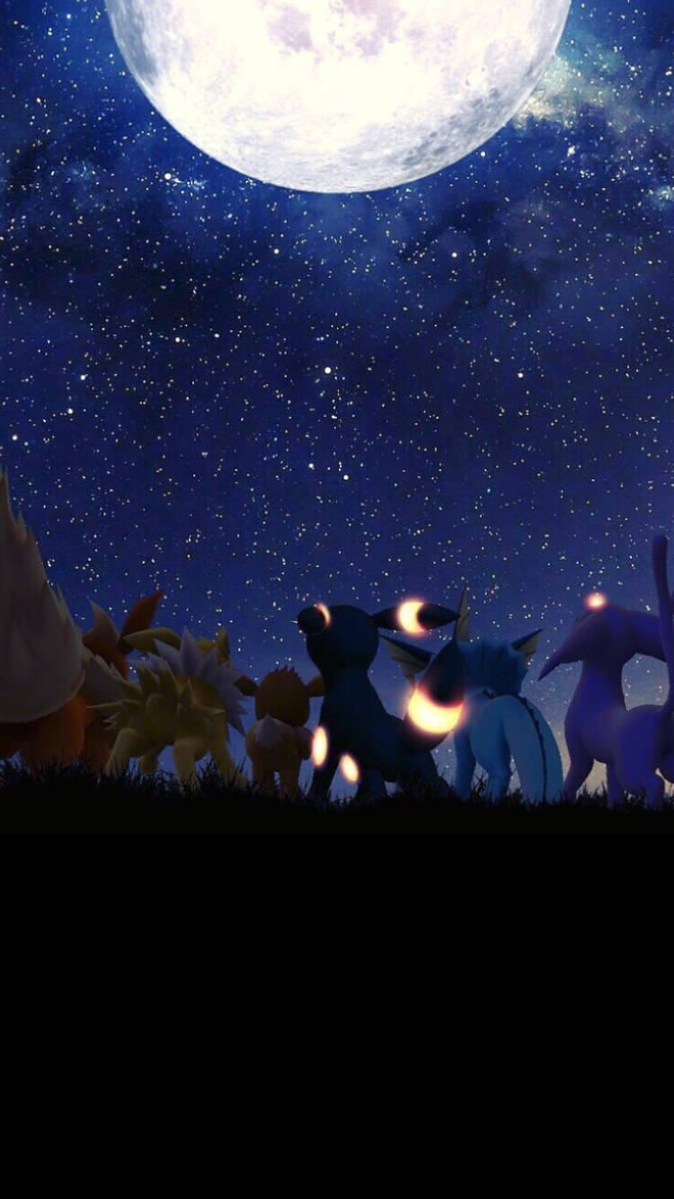 月光下的Eevee iPhone壁紙 壁紙 — 剪影中的寶可夢在繁星點點的夜空下，用發光的眼睛仰望巨大的月亮。