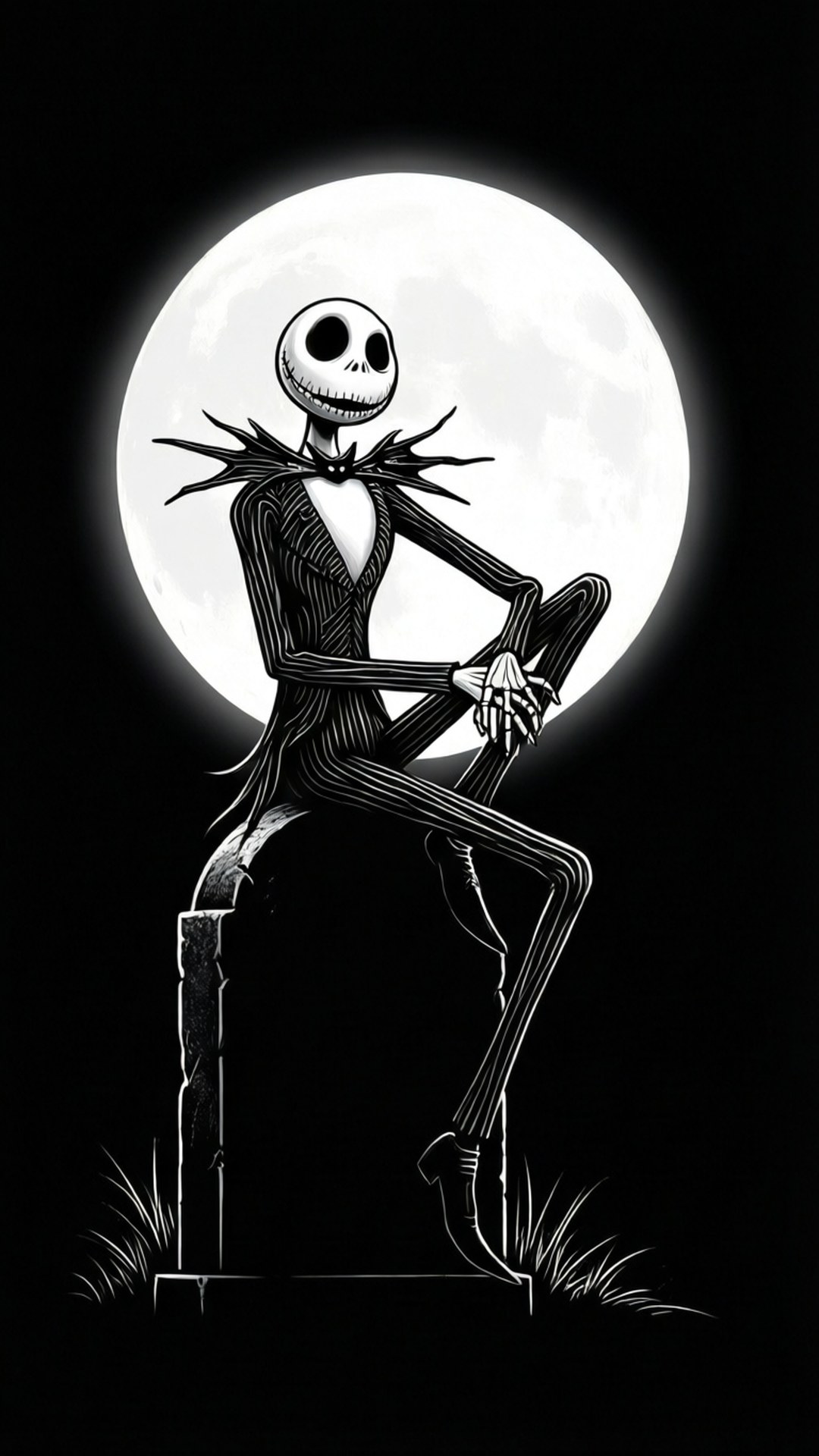 Jack Skellington 在滿月下坐在墓碑上的黑白插圖。