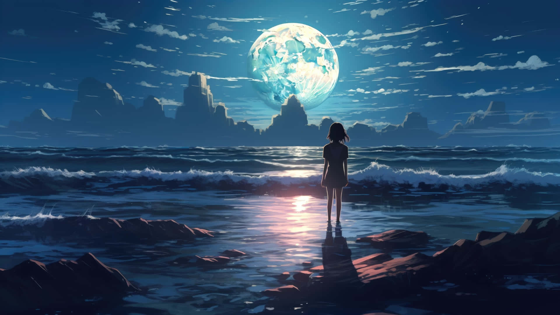 月光下的動漫海景 壁紙 — 一個孤獨的女孩站在岩石海岸上，凝視著一輪巨大的發光月亮從未來城市的天際線升起。
