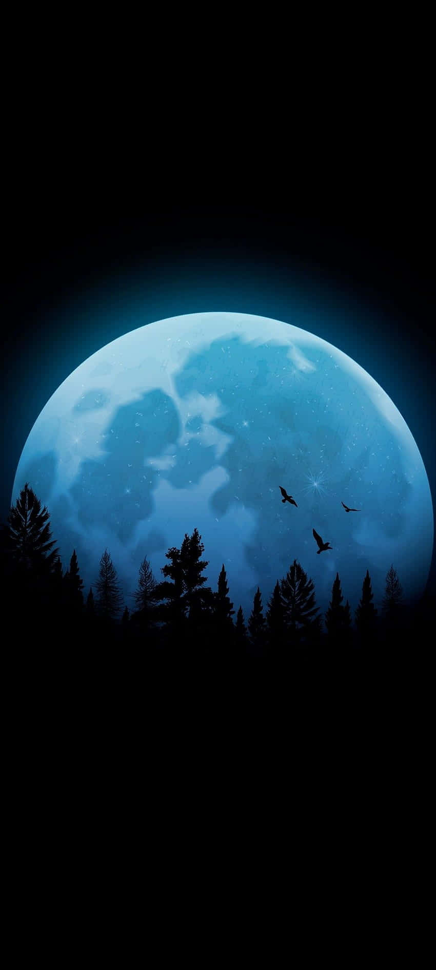 月光下的壯麗夜空 壁紙 — 一輪巨大的藍色月亮在黑暗森林剪影後升起，三隻鳥兒飛過月面。