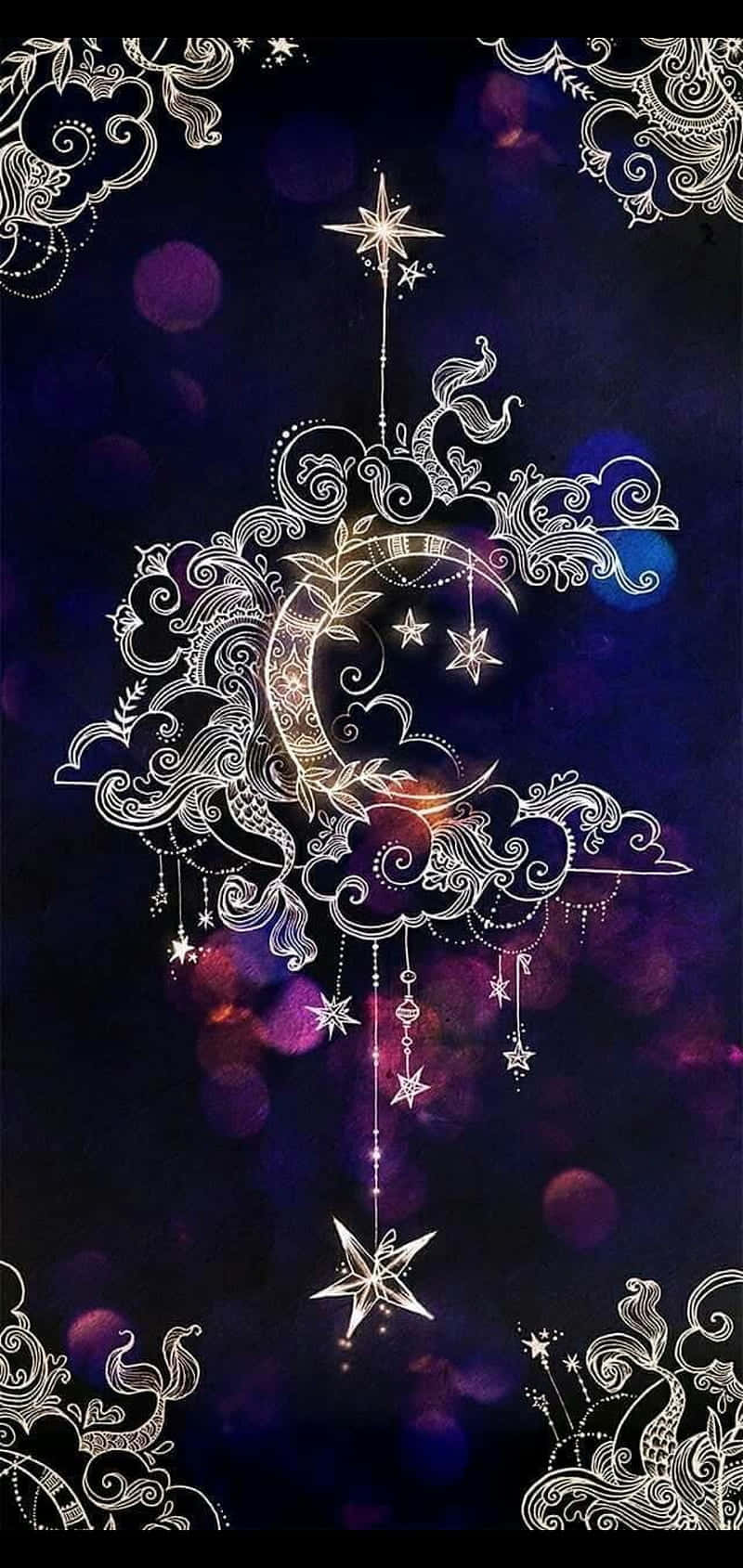 在紫色夜空背景上，帶有漩渦圖案的裝飾性新月和星星。