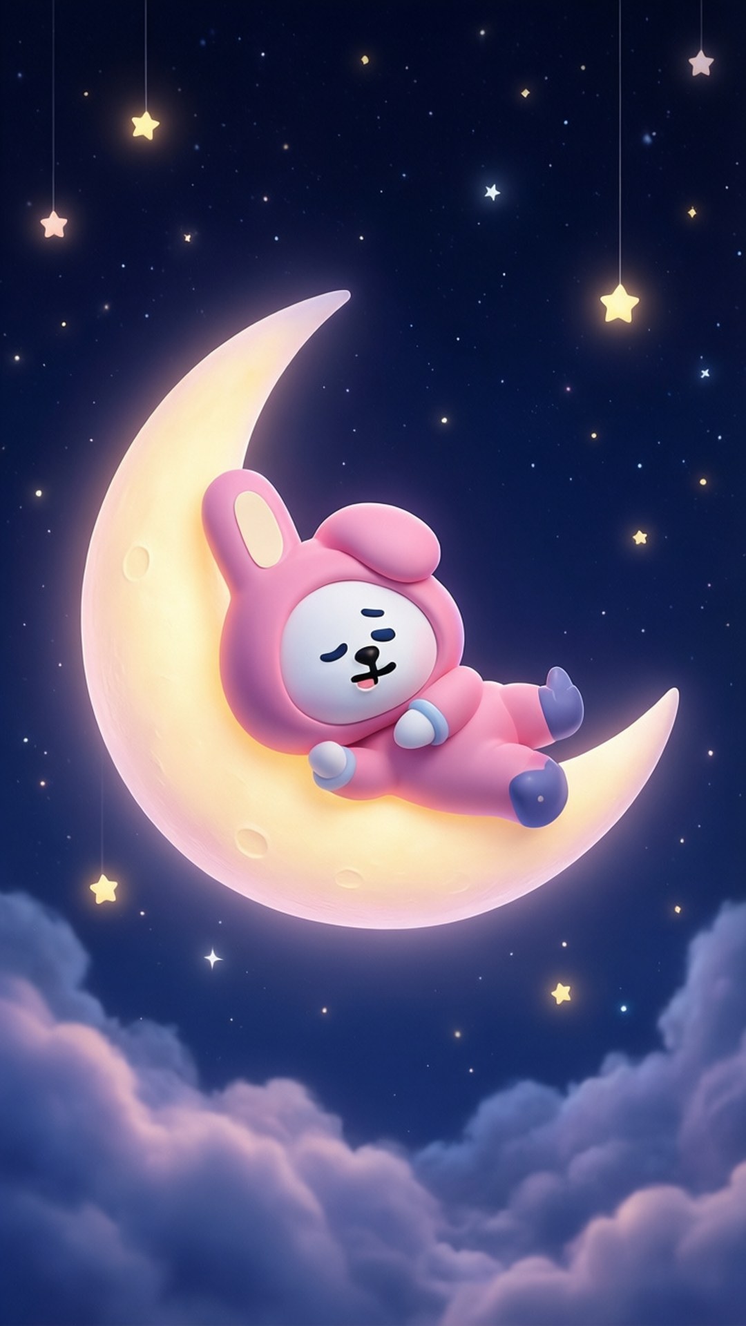 粉紅色兔仔毛公仔喺發光新月上瞓覺，星夜天空配紫色雲朵