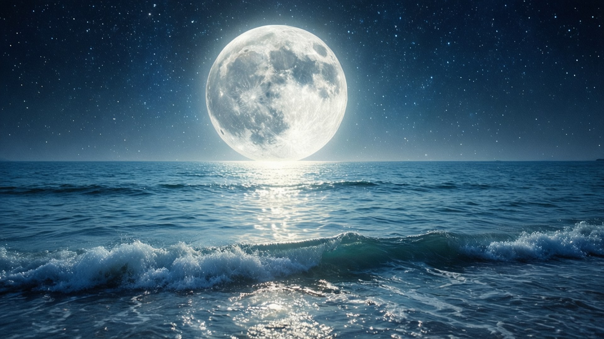 月光在繁星夜空下的海浪上閃爍。