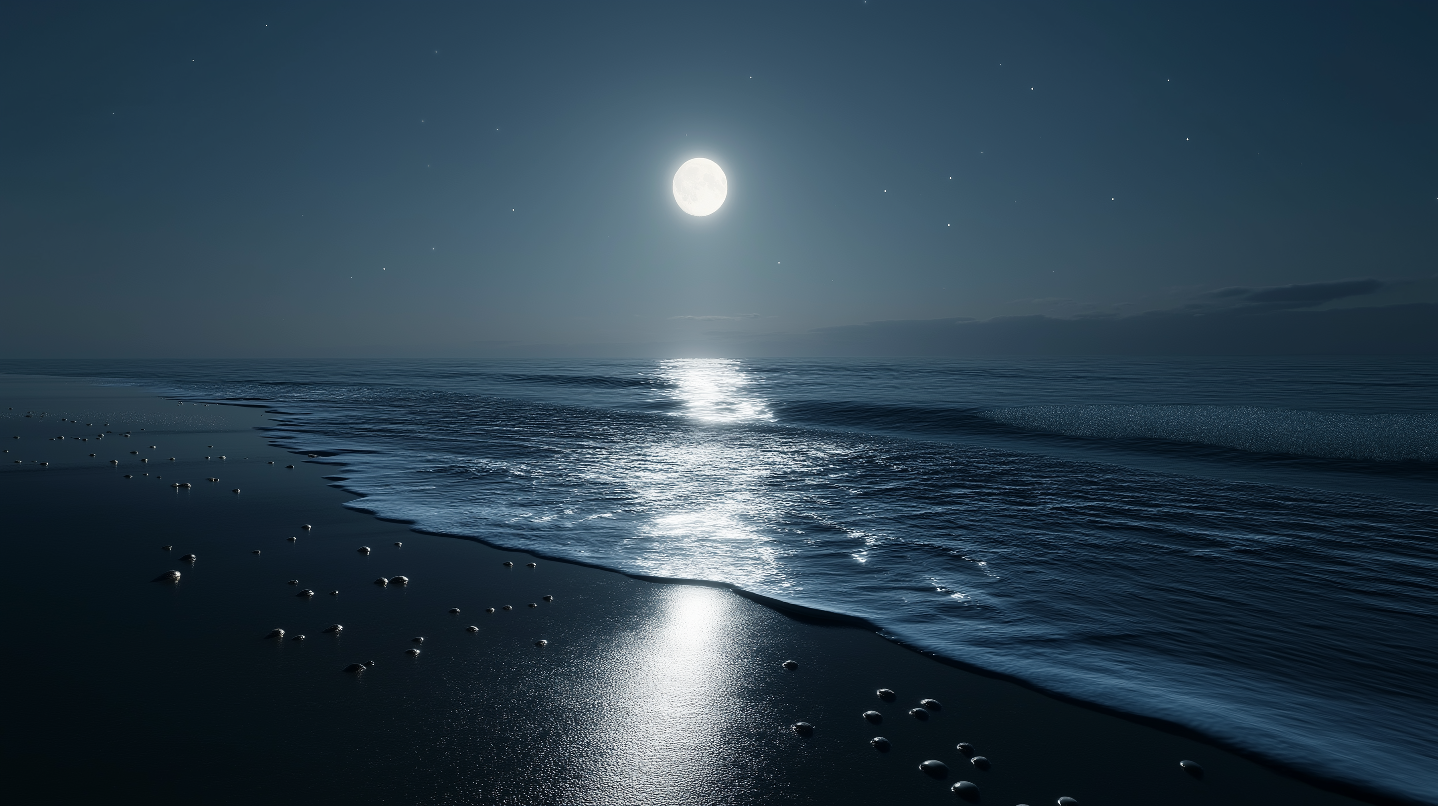 月光下的寧靜海灘 壁紙 — 寧靜的月光海灘夜晚，溫柔的海浪反射明亮的滿月和散落的星星。