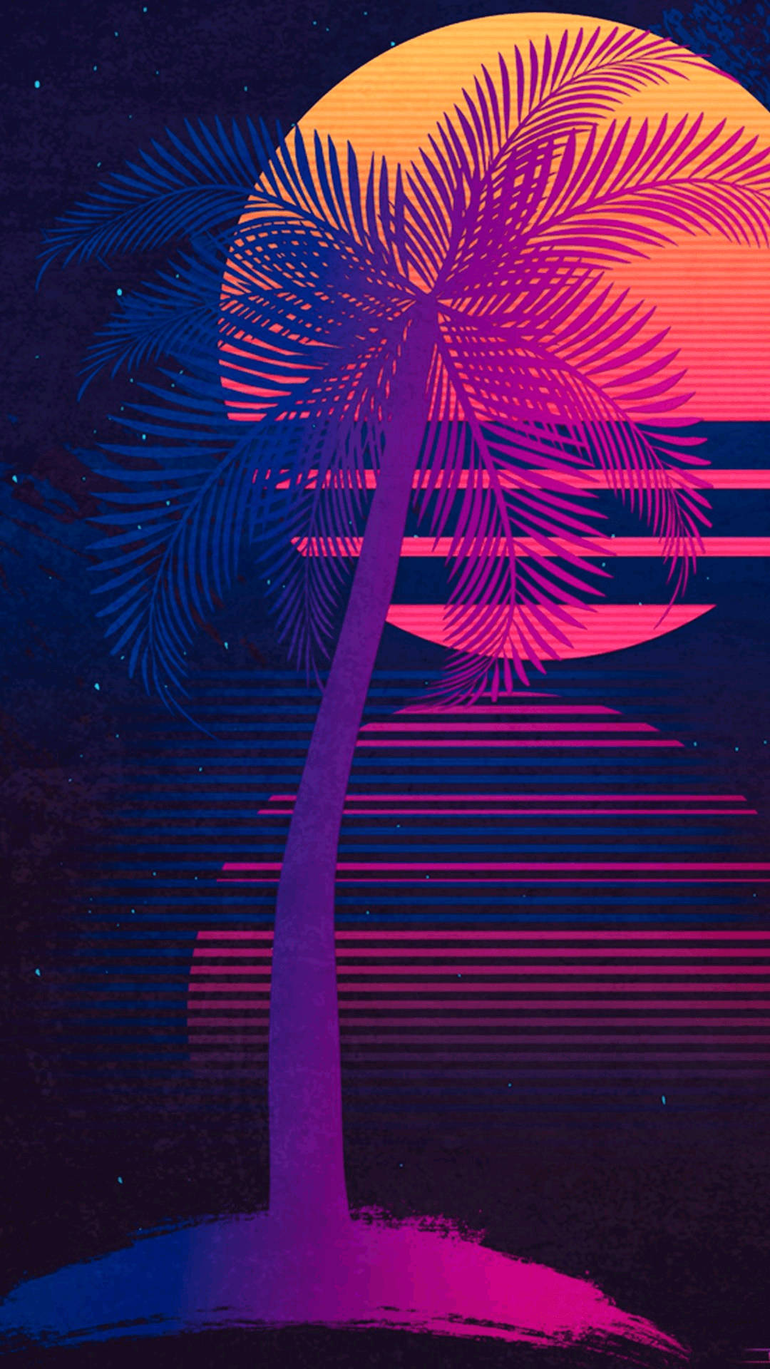 棕櫚樹襯托著帶有水平條紋和星星的霓虹日落