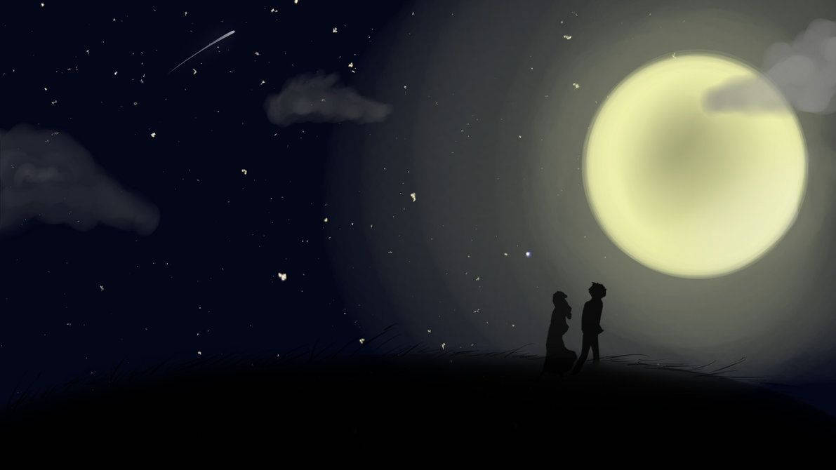 兩個人影在明亮的月亮和繁星夜空下的剪影。