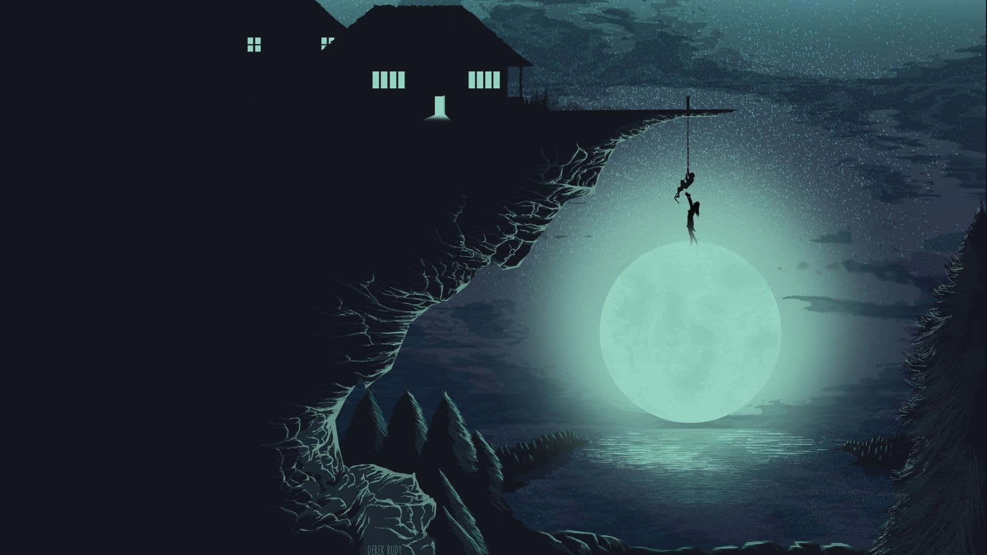 兩個剪影人物沿懸崖繩降，朝向夜間湖面上方一輪發光的月亮。