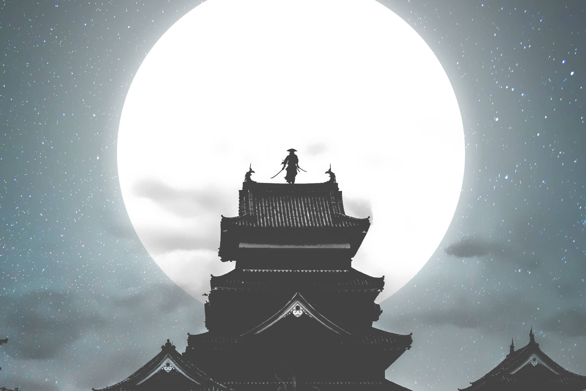 武士在城堡屋頂上，滿月和星星之下