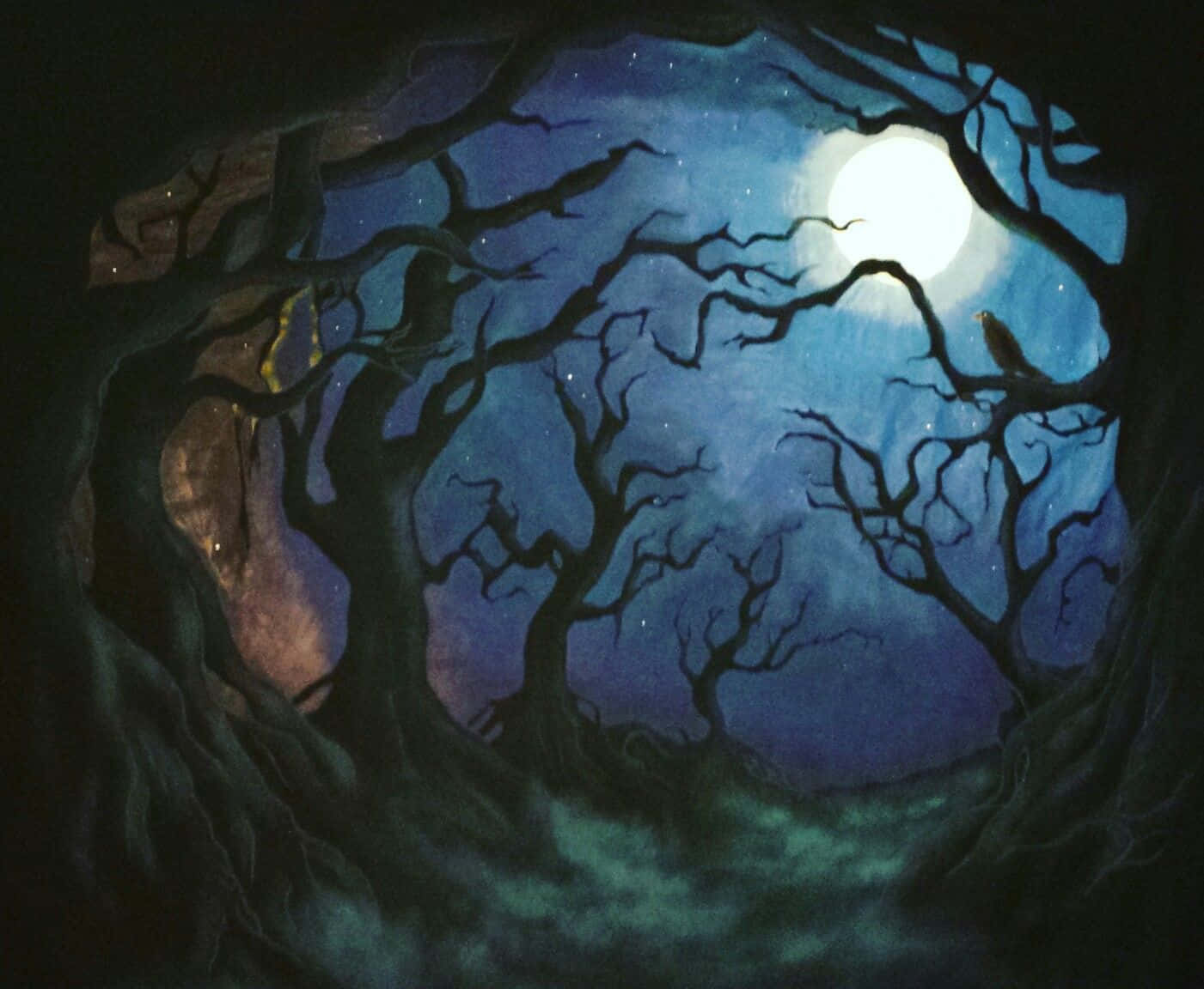 The Forbidden Forest 桌布 壁紙 — 月光下的森林，扭曲的禿樹在繁星點點的天空和發光的滿月映襯下形成剪影，令人毛骨悚然。