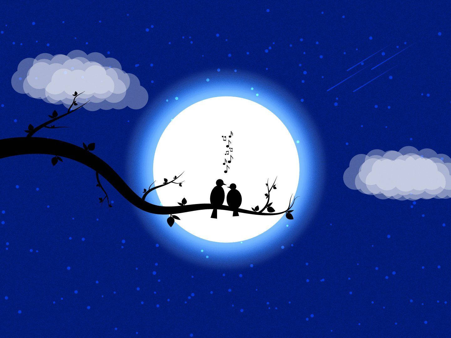 兩隻鳥在夜間的滿月下在樹枝上唱歌。
