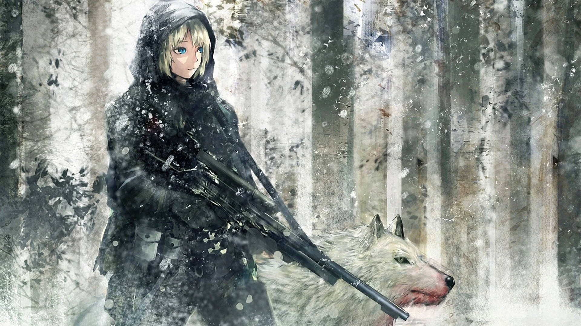 動漫女孩在雪地森林中與步槍和白狼一起。
