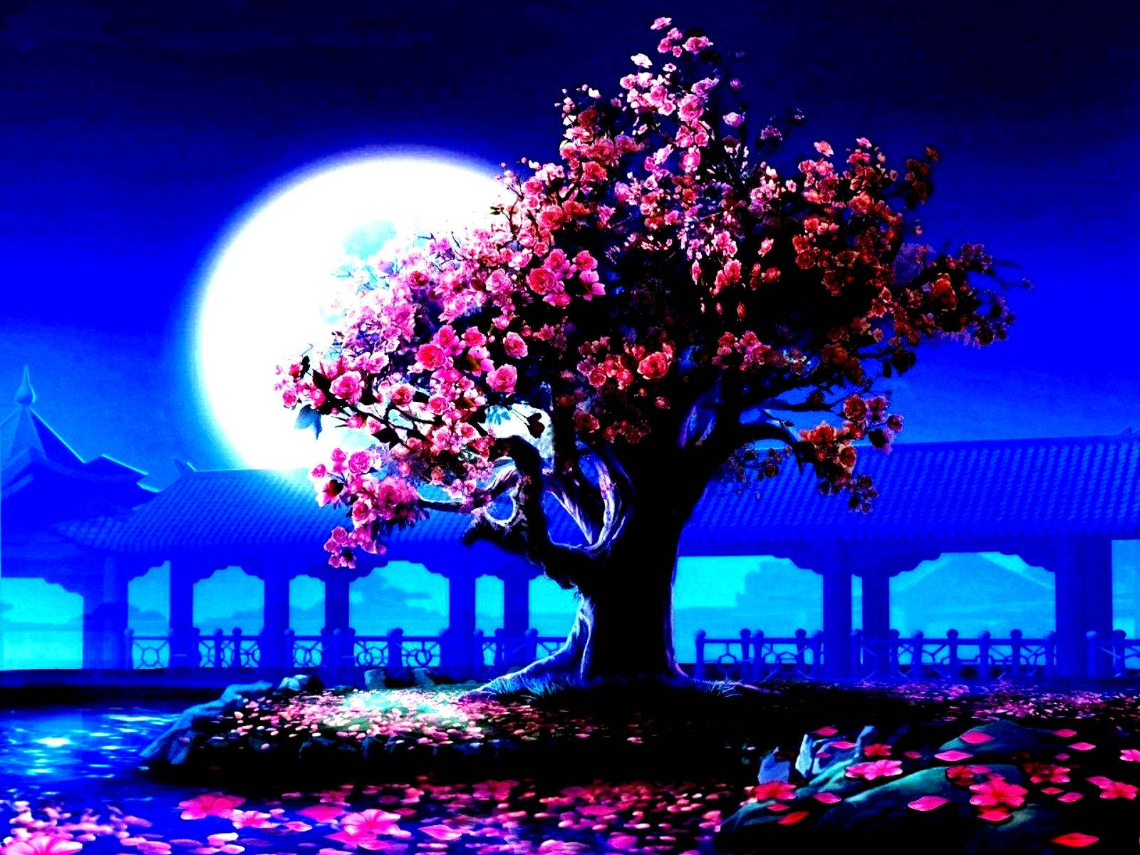 夜晚，櫻花樹在滿月下發光，旁邊是傳統亭台樓閣。