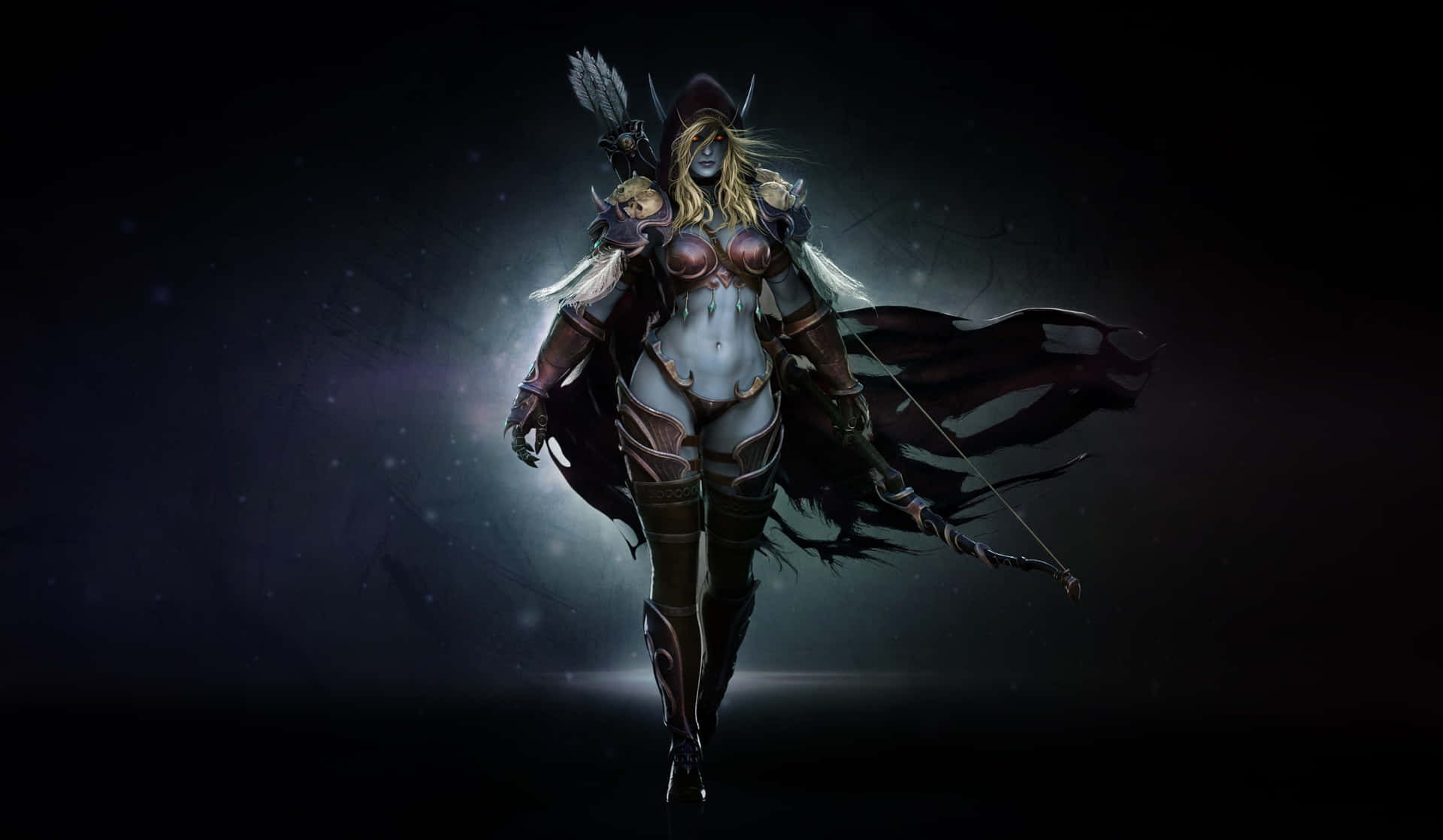 身穿暗色盔甲的奇幻女戰士在繁星夜空下向前行走 — 暗黑動漫 壁紙
