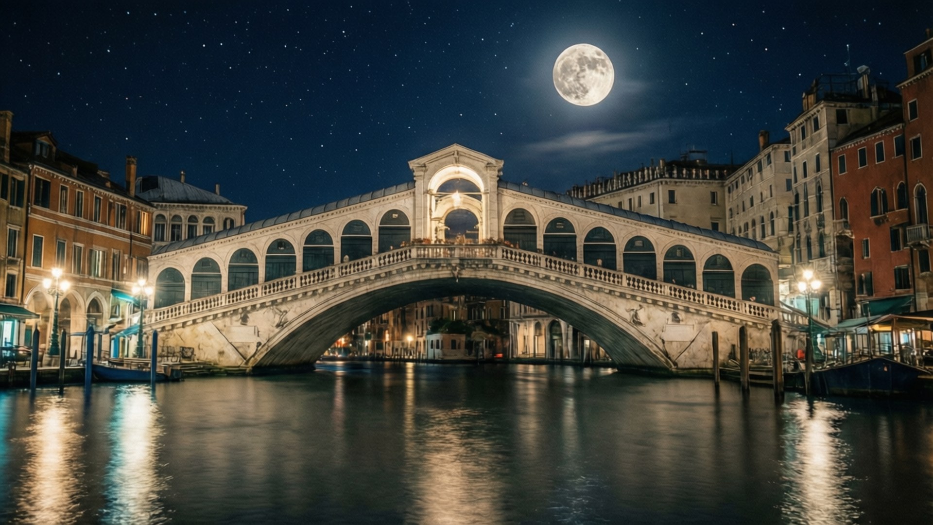 月光下的里亞托橋小夜曲 壁紙 — 威尼斯里亞爾托橋在滿月下閃耀，星空與平靜的運河倒影交織。