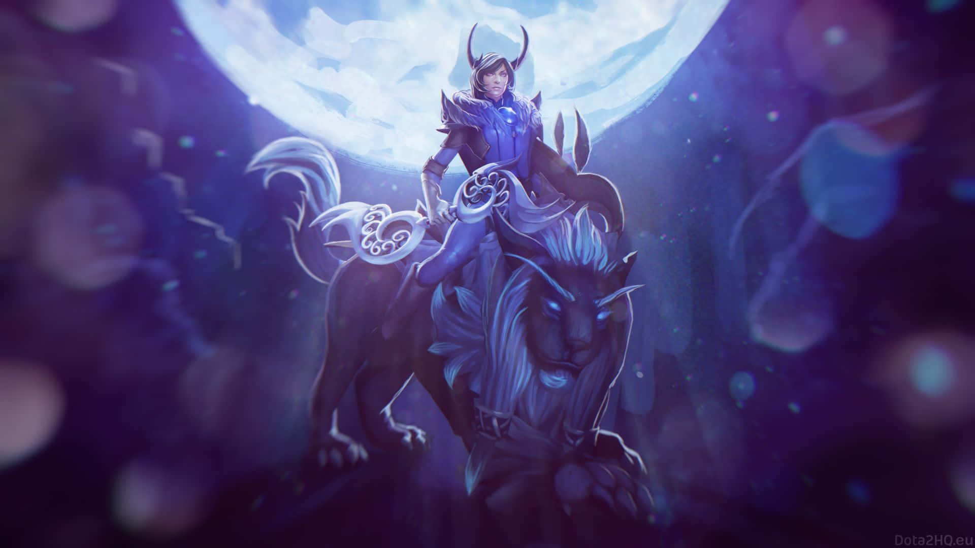 紫色奇幻場景中，戰士騎獅子在發光的月亮下