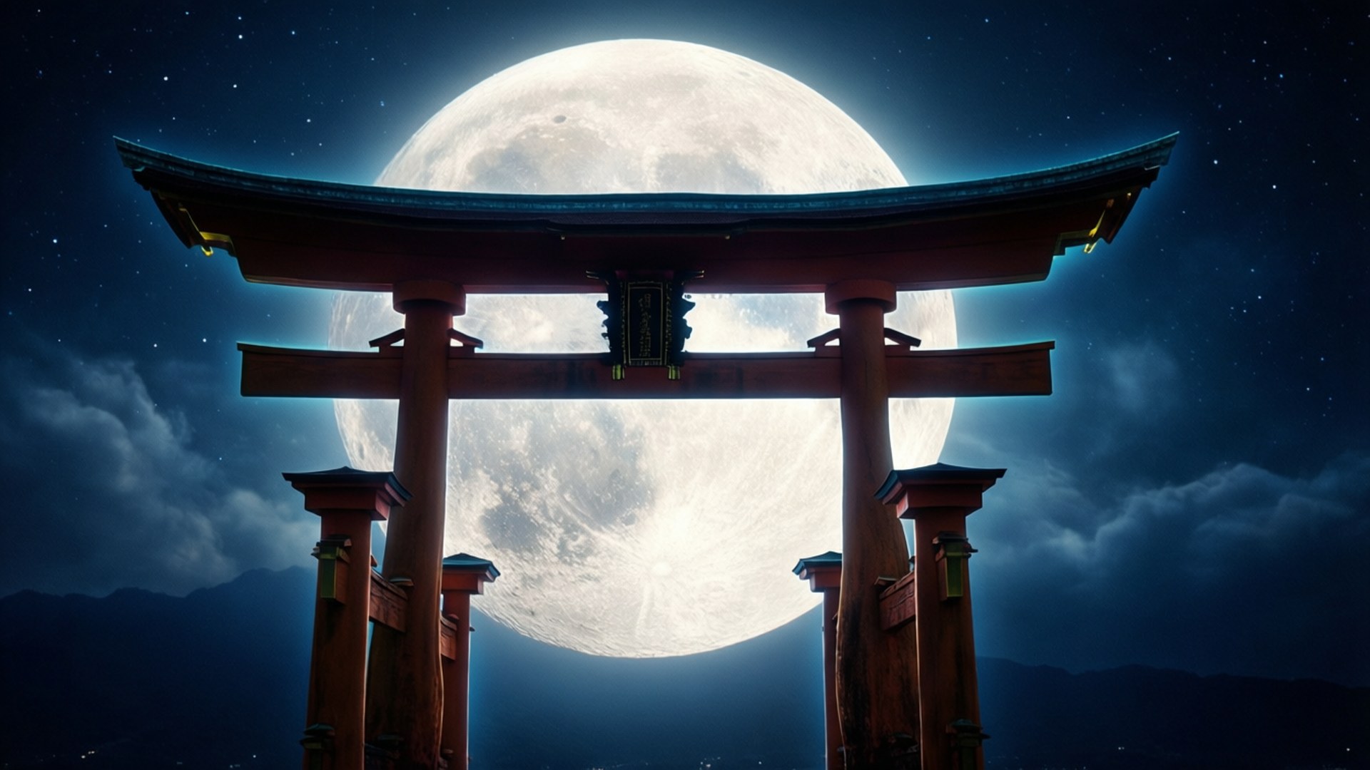一個木製鳥居被滿月和星空框住，背景是遠山