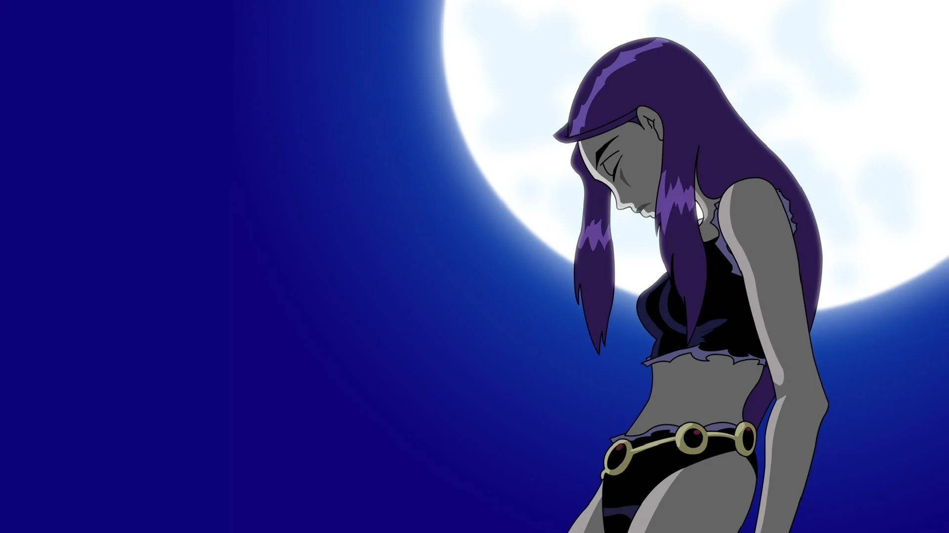 紫髮動漫女孩穿著黑色服裝在夜晚滿月下站立。