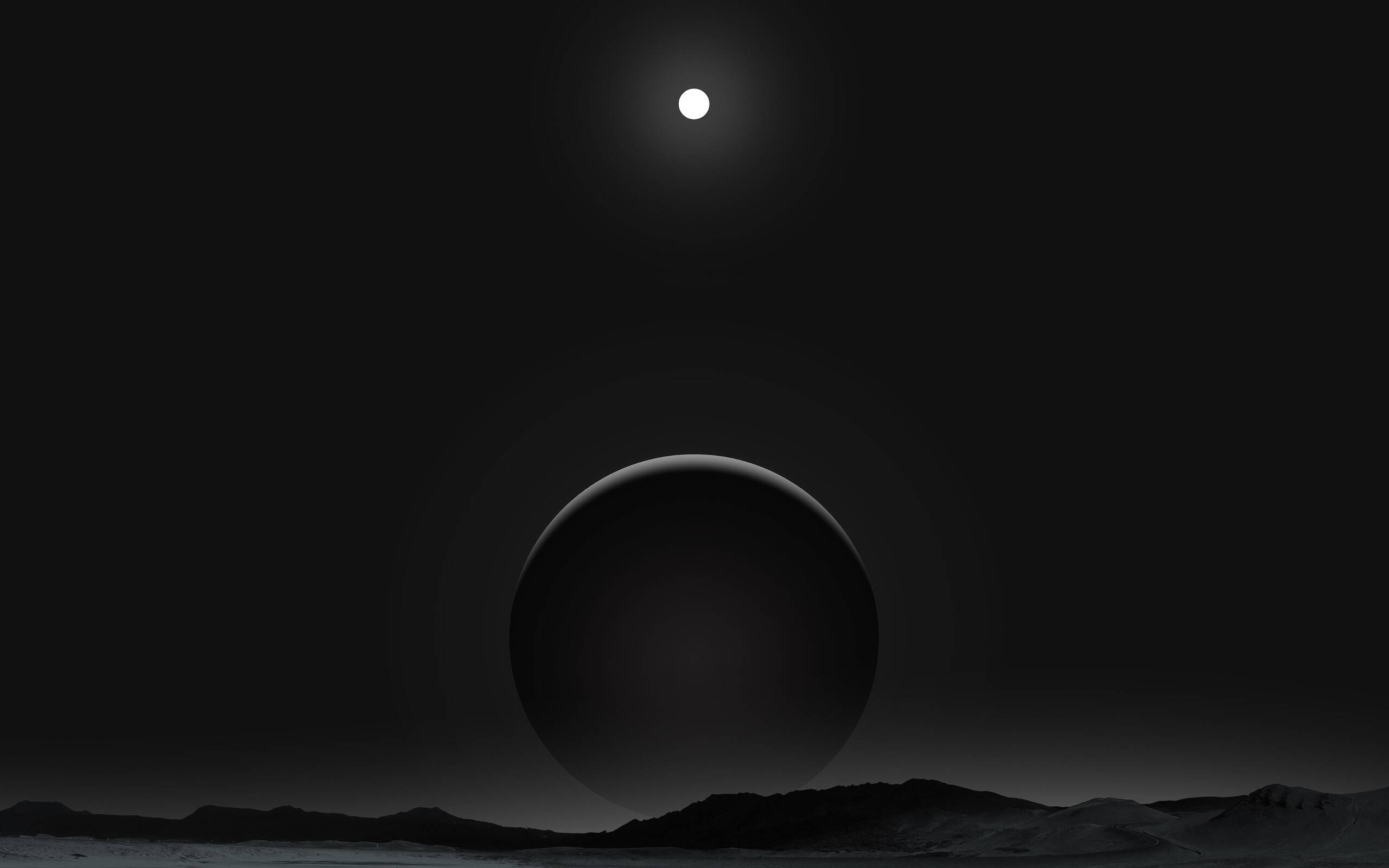 月光下的黑色星球 壁紙 — 一個銳利的黑色球體懸浮在荒蕪的景觀之上，下方是孤獨發光的月亮，構成極簡的宇宙場景。