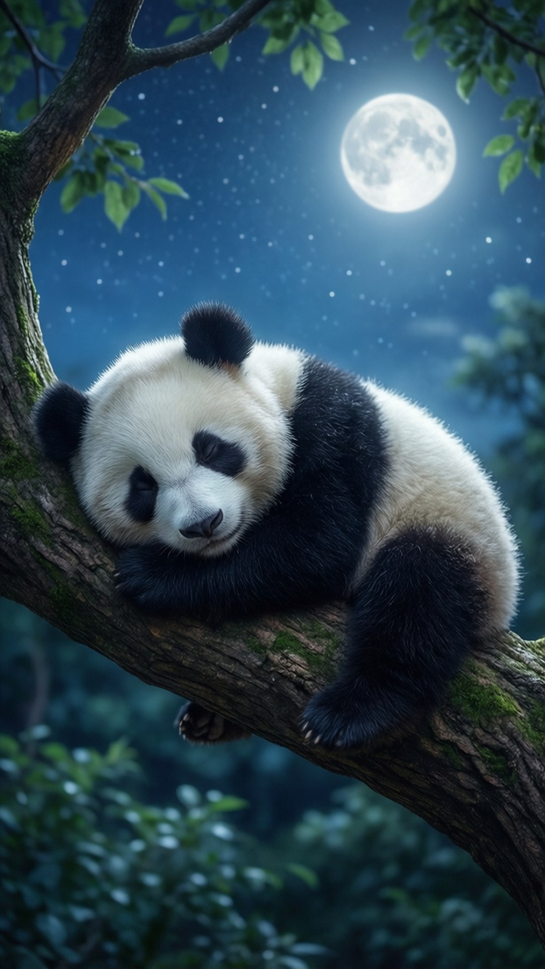 一隻大熊貓在夜晚的森林中，在滿月下安詳地睡在樹枝上。
