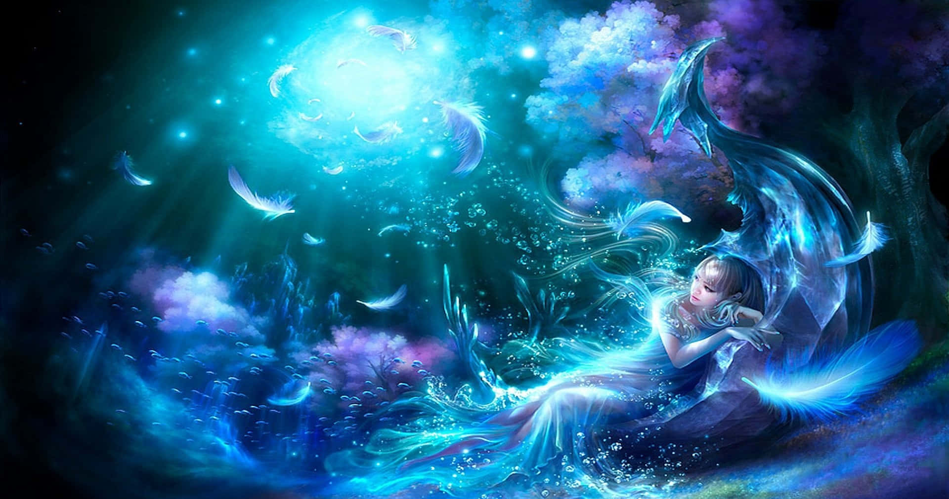 在神奇的水下場景中，一條發光的美人魚被漂浮的羽毛包圍。